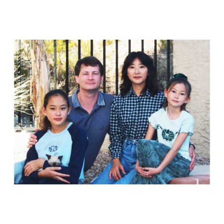 Old photo of Kimiko Glenn with her father, mother and sister.